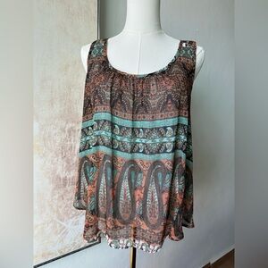 Ambiance Paisley Print Sleeveless Blouse - Brown Teal Bohemian Festival Hippie
